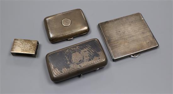 A Russian 84 zolotnik silver and niello cigarette case, Moscow, Assay Master BC 1872 and three other items of silver, 11.5oz